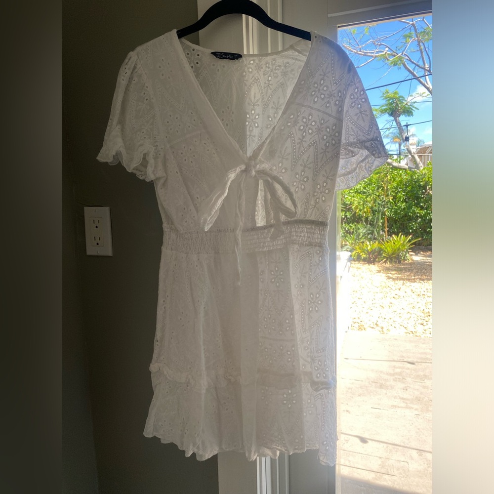 White Tie Front Eyelet Embroidery Puff Sleeve Mini Dress